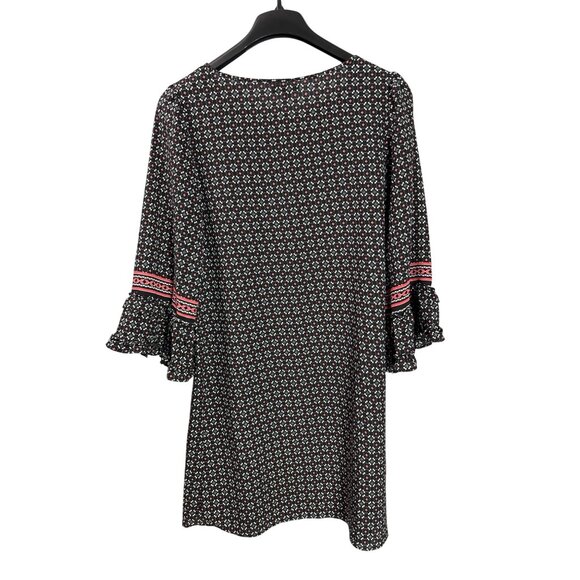 Max Edition Black White Red Floral Bell Sleeve Shift Dress L Geometric Midi - Picture 2 of 4